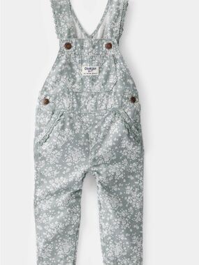 OshKosh B'gosh Sage Green Floral Lace-Trim Overalls